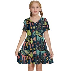 Alien Ocket Space Aesthetic Pattern Kids  Short Sleeve Tiered Mini Dress by pakminggu