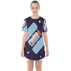 Satellite-machine-space-dark Sixties Short Sleeve Mini Dress by Cowasu