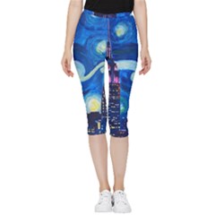 Starry Night In New York Van Gogh Manhattan Chrysler Building And Empire State Building Inside Out Lightweight Velour Capri Leggings  by Sarkoni