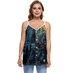 Castle Starry Night Van Gogh Parody Casual Spaghetti Strap Chiffon Top by Sarkoni