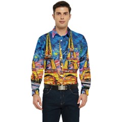 Eiffel Tower Starry Night Print Van Gogh Men s Long Sleeve Pocket Shirt  by Sarkoni