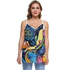 Cartoon Parody  Art Starry Night Van Gogh Casual Spaghetti Strap Chiffon Top by Sarkoni