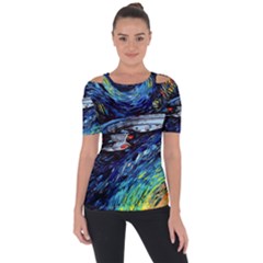 Spaceship Galaxy Parody Art Starry Night Shoulder Cut Out Short Sleeve Top by Sarkoni