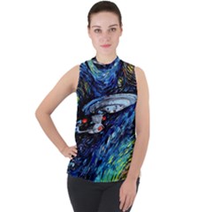 Spaceship Galaxy Parody Art Starry Night Mock Neck Chiffon Sleeveless Top by Sarkoni