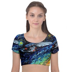 Spaceship Galaxy Parody Art Starry Night Velvet Short Sleeve Crop Top  by Sarkoni