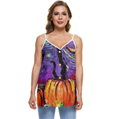 Halloween Art Starry Night Hallows Eve Black Cat Pumpkin Casual Spaghetti Strap Chiffon Top by Sarkoni