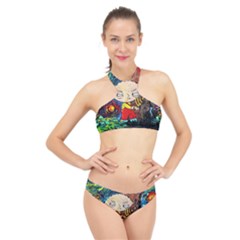 Cartoon Starry Night Vincent Van Gogh High Neck Bikini Set by Sarkoni