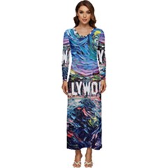Hollywood Art Starry Night Van Gogh Long Sleeve Longline Maxi Dress