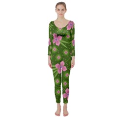 Pink Flower Background Pattern Long Sleeve Catsuit