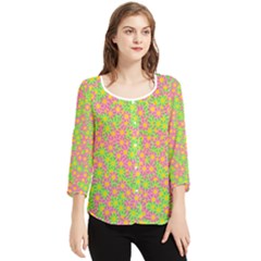 Pink Flower Background Green Pattern Chiffon Quarter Sleeve Blouse by Ravend