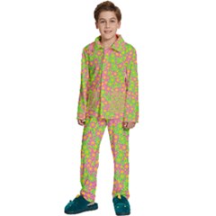 Pink Flower Background Green Pattern Kids  Long Sleeve Velvet Pajamas Set