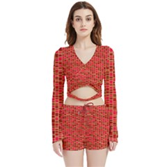 Geometry Background Red Rectangle Pattern Velvet Wrap Crop Top And Shorts Set