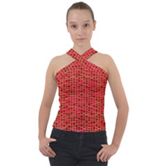 Geometry Background Red Rectangle Pattern Cross Neck Velour Top