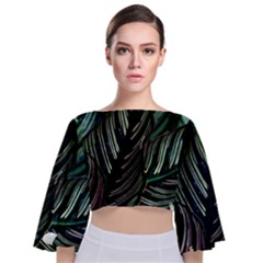 Calathea Leaves Strippe Line Tie Back Butterfly Sleeve Chiffon Top