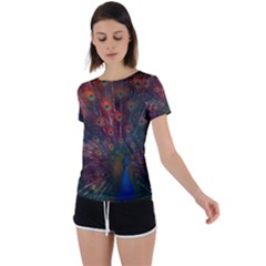 Peacock Feather Bird Back Circle Cutout Sports T-shirt by Bedest