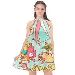 Summer Up Cute Doodle Halter Neckline Chiffon Dress 