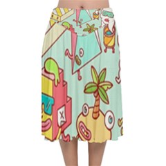 Summer Up Cute Doodle Velvet Flared Midi Skirt