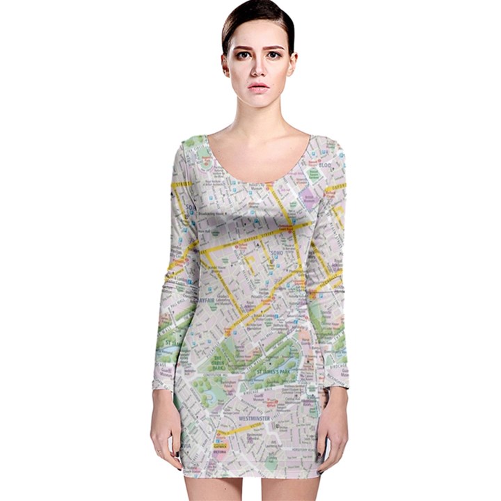 London City Map Long Sleeve Velvet Bodycon Dress