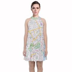 London City Map Velvet Halter Neckline Dress  by Bedest