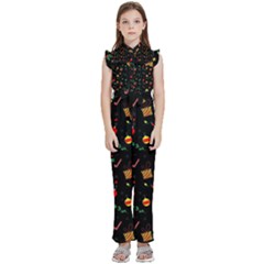 Christmas Pattern Texture Colorful Wallpaper Kids  Sleeveless Ruffle Edge Band Collar Chiffon One Piece