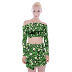Daisies Clovers Lawn Digital Drawing Background Off Shoulder Top With Mini Skirt Set