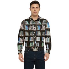 Book Collection In Brown Wooden Bookcases Books Bookshelf Library Men s Long Sleeve  Shirt