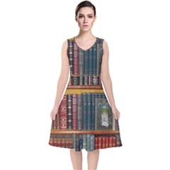 Books-library-bookshelf-bookshop V-neck Midi Sleeveless Dress 
