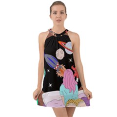 Girl Bed Space Planet Spaceship Halter Tie Back Chiffon Dress