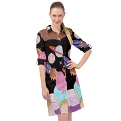 Girl Bed Space Planet Spaceship Long Sleeve Mini Shirt Dress