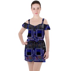 Blue Computer Monitor With Chair Game Digital Art Ruffle Cut Out Chiffon Playsuit