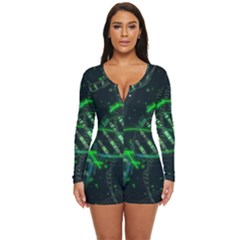 Green And Black Abstract Digital Art Long Sleeve Boyleg Swimsuit