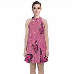 Butterfly, Girl, Pink, Wallpaper Velvet Halter Neckline Dress  by nateshop