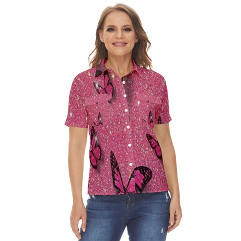 Butterfly, Girl, Pink, Wallpaper Women s Short Sleeve Double Pocket Shirt by nateshop