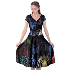 Art Design Graphic Neon Tree Artwork Cap Sleeve Wrap Front Dress
