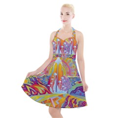 Multicolored Optical Illusion Painting Psychedelic Digital Art Halter Party Swing Dress 