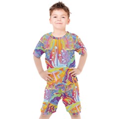 Multicolored Optical Illusion Painting Psychedelic Digital Art Kids  T-shirt And Shorts Set