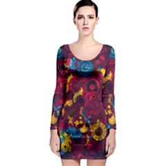 Psychedelic Digital Art Colorful Flower Abstract Multi Colored Long Sleeve Bodycon Dress