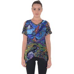 Multicolored Abstract Painting Artwork Psychedelic Colorful Cut Out Side Drop T-shirt by Bedest