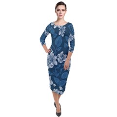 Pattern Flower Nature Quarter Sleeve Midi Velour Bodycon Dress