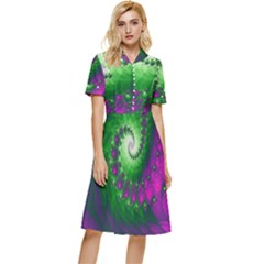 Fractal Spiral Purple Art Green Art Button Top Knee Length Dress by Proyonanggan