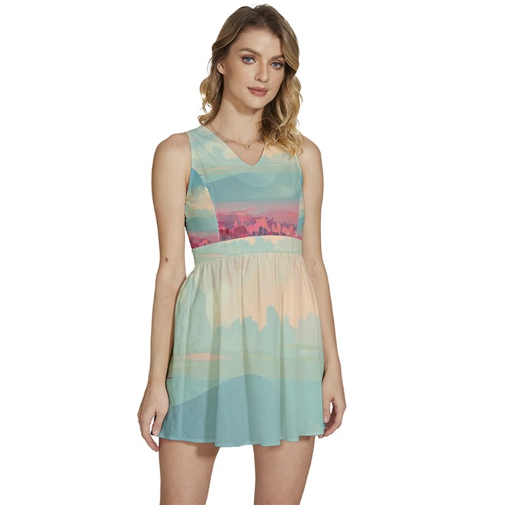 Anime Landscape Sleeveless High Waist Mini Dress