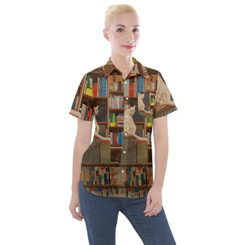 Library Aesthetic Women s Short Sleeve Pocket Shirt by Sarkoni