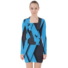 Blue Black Abstract Background, Geometric Background V-neck Bodycon Long Sleeve Dress by nateshop