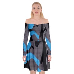 Blue, Abstract, Black, Desenho, Grey Shapes, Texture Off Shoulder Skater Dress by nateshop