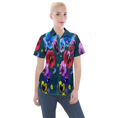 Falling Flowers, Art, Coffee Cup, Colorful, Creative, Cup Women s Short Sleeve Pocket Shirt by nateshop