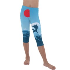 Minimalism Great Wave Off Kanagawa Kids  Lightweight Velour Capri Leggings  by Sarkoni