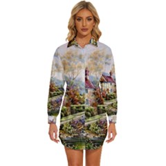 Colorful Cottage River Colorful House Landscape Garden Beautiful Painting Womens Long Sleeve Shirt Dress