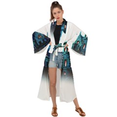 Blue Castle Halloween Horror Haunted House Maxi Kimono by Sarkoni