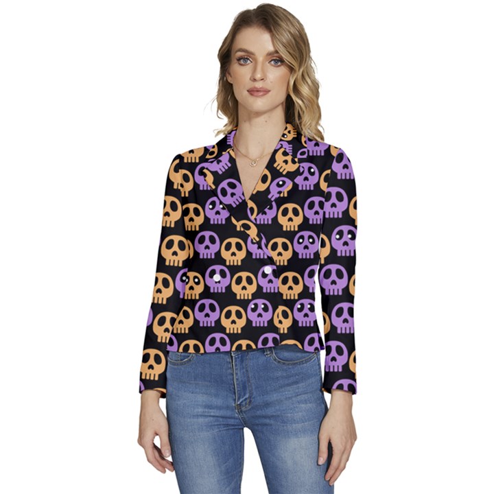 Halloween Skull Pattern Women s Long Sleeve Revers Collar Cropped Jacket