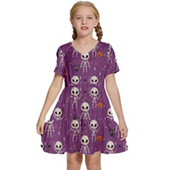 Skull Halloween Pattern Kids  Short Sleeve Tiered Mini Dress by Ndabl3x